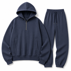 Conjunto de sudadera con capucha y pantalón de chándal de dos piezas para hombre, con media cremallera, de mezcla de algodón, corte holgado, estilo urbano casual, liso - Product Image 1