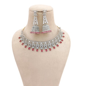 RAY FINE ORNATES 22K Gold Plated <b>Ruby</b> Pink CZ Bezel Setting <b>Necklace</b> Set IGI Certified Vintage Indian Bridal Wedding Jewelry - Product Image 2
