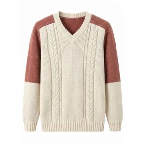 Pull en laine mélangée beige uni, doux, respirant, chaud, thermique, col en V, manches longues, classique, confortable pour hommes - Product Image 4