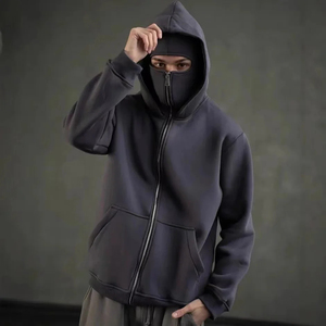 Sudadera con capucha y cremallera para hombre con máscara facial integrada, pasamontañas completo, estilo urbano, color liso, 100% algodón, para invierno - Product Image 1