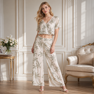 Luxury Tropical Print Co Ord Set for Women V Neck Crop <b>Top</b> Wide Leg Palazzo Pants Casual Resort Vacation Party Outfit Wear - Product Image 2