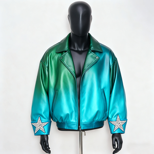 Veste Homme Personnalisée en Cuir Véritable Bleu Vieilli, Motif Patchwork à Carreaux Gaufrés, Col Montant, Fermeture Éclair - Product Image 2