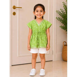 Lime Green Cotton Kaftan for Girls with Half Sleeves Printed Leisure Tops - Product Image 1