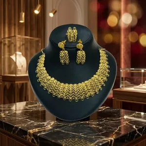 Gold Plated Brass Flower Box Chain Necklace and Earrings Set-Classic Style Free Size for Women's <b>Wedding</b> & Party - Product Image 3