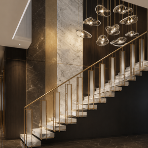 Barandilla de escalera de lujo en oro con balaustres rectangulares altos para villas, hoteles e interiores de viviendas con metal de primera calidad. - Product Image 2