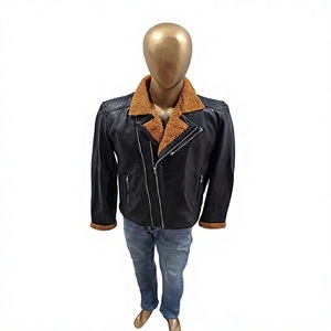 Blouson aviateur en cuir noir pour homme, col rabattu, coupe ajustée, coupe-vent, logo frontal, épais, hiver - Product Image 1