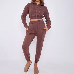 Premium Acid Wash Joggers Set for Women Custom Street Wear Patch Embroidery <b>Cropped</b> <b>Zip</b>-<b>up</b> Hoodie Tracksuits Winter Collection - Product Image 3