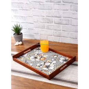 Plateau en bois naturel avec incrustation décorative en émail pour une utilisation élégante de table | Parfait pour les cadeaux et la décoration de cuisine - Product Image 5