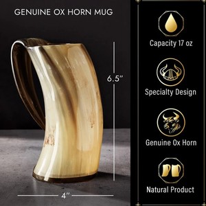 Chope à bière en corne de bœuf naturelle de qualité supérieure, faite à la main, article cadeau unique et décoratif - Product Image 2