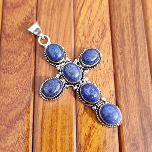 Pendentif Croix Vintage en Lapis Lazuli Plaqué Argent Antique, Base en Laiton, Bijou Unisexe Personnalisé, Cadeau, Sertissage Bezel, Vente en Gros - Product Image 5