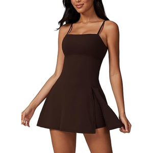 Robe de tennis moulante à col carré pour femme, marron uni, sans manches, vêtements de sport d'été, évacuation de l'humidité, 100% polyester - Product Image 5