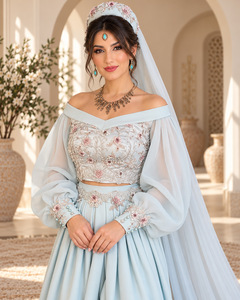 Women's <b>Light</b> <b>Blue</b> Embroidered V Neck Maxi Length Plum Velvet Breathable Elegant Party <b>Wedding</b> <b>Dress</b> Long Sleeve Muslim Kaftan - Product Image 1