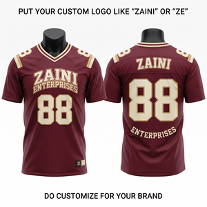 Maillot de football pour homme en maille polyester 180 GSM, bordeaux et crème, avec empiècements aux épaules, logo et numéro d'équipe personnalisés par sublimation - Product Image 1