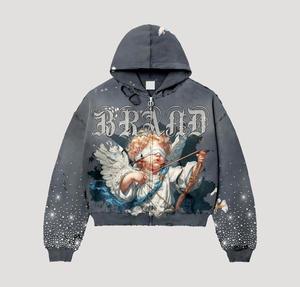 Sudadera con capucha con cremallera OEM con gráfico de ángel, de peso pesado, con lavado ácido, estilo vintage, con pedrería, para streetwear, al por mayor - Product Image 3