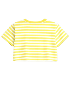 Ensemble crop top et short rayé jaune et blanc personnalisé pour femme – Tenue décontractée d'été deux pièces avec taille élastique – Vêtements de détente et streetwear OEM - Product Image 5