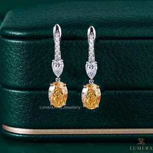 Certified Fancy Yellow Oval & White Pear Diamond Dangle <b>Drop</b> Earrings 14K Gold Lever <b>back</b> Multi Stone Statement Earrings For Her - Product Image 1