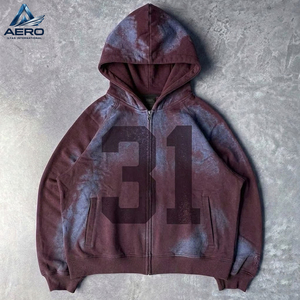 OEM ODM Service Custom <b>Mens</b> Vintage Washed Zip Up Hoodies Graphic Number Print Acid <b>Wash</b> Fleece Hooded Jacket - Product Image 1