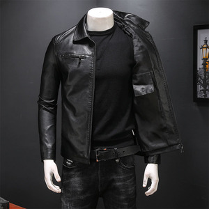 Blouson en cuir PU noir pour homme, style motard, col montant, respirant, fermeture éclair, coupe ajustée, longueur standard, couleur unie, hiver - Product Image 4