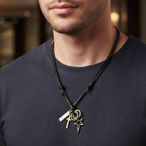 Stainless Steel Star Cross Pendant 1.5-Inch with Adjustable Leather Rope for Men and Boys - Product Image 1