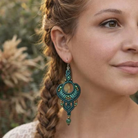 Boucles d'oreilles en macramé bleu faites à la main, vert turquoise, style bohème, bijoux artisanaux, pierres précieuses naturelles, cadeau bohème pour femmes