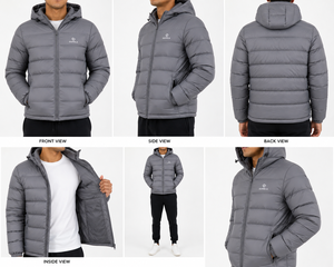 Men's Black Hooded Puffer Jacket Windproof Zipper Closure Casual Winter Wear Solid Color Polyester Filling - Product Image 4