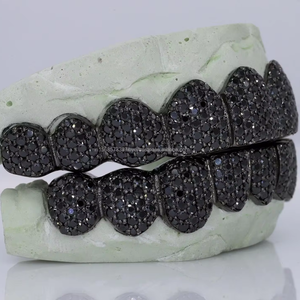 Whole Black Customized Grillz in <b>Silver</b> 925 with Black Plating and Black Colored Moissanite Diamonds Unisex Black Dental Grillz - Product Image 4