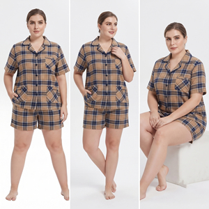 Ensemble pyjama court à manches longues en flanelle à carreaux pour femme, chemises de nuit en flanelle à carreaux, ensemble de pyjama court pour femme - Product Image 5