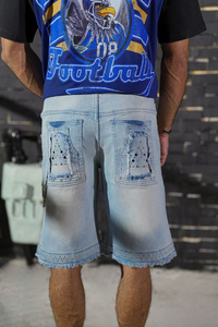 Pantalones Cortos Bermuda de Mezclilla Rasgados de Cintura Alta para Hombre, Estilo Urbano, con Parches, de Algodón Lavado, Cierre de Botones, 220g, Logotipo Frontal - Product Image 6