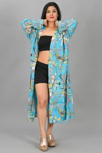 Kimono de Playa Elegante 100% Algodón, Color Azul Indio, Cuello en V, Cierre con Cordón, Diseño Floral, Secado Rápido y Suave, para Todas las Temporadas - Product Image 2