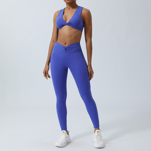 Women Solid Color Sports Bra High Waist Full Length Leggings 2 Piece Twist Design Deep Crisscross Straps Seamless Yoga Set Wear - Product Image 3