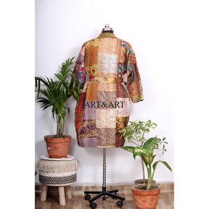 Indian Handmade Bohemian Silk Patchwork Kantha <b>Kimono</b> Robe <b>Women</b> Elegant Summer Beachwear Sleepwear Breathable Belt Tie Front - Product Image 6
