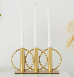 Latest product Luxury Geometric 3-Ring <b>Brass</b> Plated Candle Stand | Modern Abstract Circle Triple Taper <b>Candlestick</b> <b>Holder</b> - Product Image 1