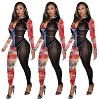 Combinaison transparente à manches longues pour femme, taille haute, coupe ajustée, col en V, imprimé tie-dye, tenue de club, en Spandex et Polyester, Printemps-Été