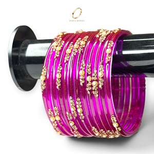 Nouveauté : Bijoux indiens, bracelets en verre rose vif style Kashmiri, plaqués or, cristaux, pour mariage et occasions festives, prix de gros - Product Image 1
