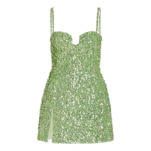 Mini-robe moulante sans manches à col carré et fente latérale, ornée de perles de cristal ombrées orange, pour soirée et tenue d'été pour femme - Product Image 4