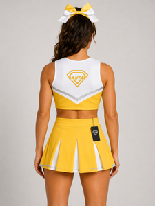 Ensemble de jupe jaune et blanche pour uniforme de cheerleading, tenue de performance pour femmes adultes, prix de gros, uniforme personnalisé OEM - Product Image 2