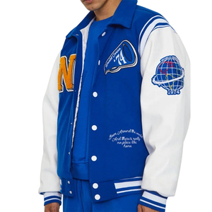 Blue Men's Varsity Jacket Embroidered Logo Patch Designs Turn-down Collar Single Breasted Casual Breathable Winter OEM Wholesale - Product Image 4