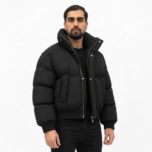 Veste matelassée à capuche noire pour homme, respirante, coupe-vent, fermeture éclair, rembourrage épais en polyester, décontractée, hiver, coupe régulière, 220g - Product Image 2