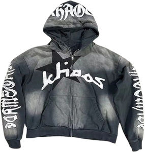 Conjunto de chándal de mezclilla negro personalizado con chaqueta gráfica con capucha y pantalones de pierna ancha, atuendo informal de dos piezas a juego estilo streetwear - Product Image 2