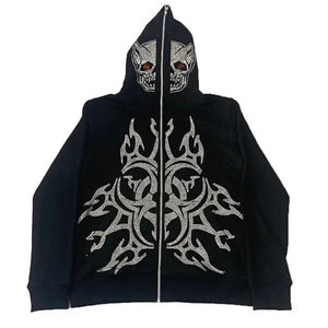 Sudadera con capucha casual transpirable de otoño con pedrería, chándal de hombre personalizado con cremallera completa, capucha con diseño de calavera, brillo de cristal. - Product Image 5