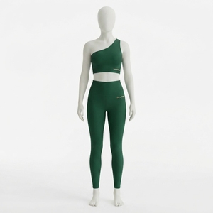 Ensemble de yoga deux pièces pour femme : soutien-gorge de sport asymétrique vert foncé et leggings taille haute – Idéal pour la gym et le fitness - Product Image 1