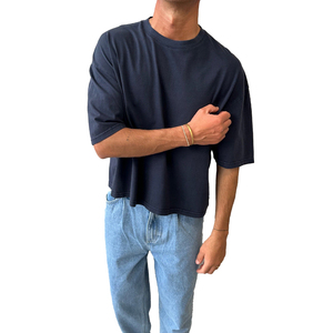 Camiseta de algodón azul marino extragrande para hombre, manga corta, cuello redondo, informal, de color liso, tejido de punto. - Product Image 5