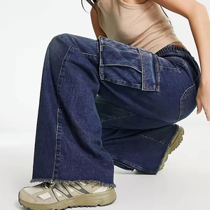 Jean cargo bleu foncé pour femme, coupe large, taille haute, style baggy, en denim, avec poches, streetwear - Product Image 2