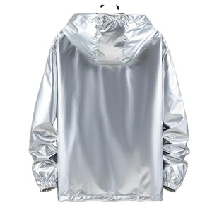Fast Shipping Reflective Silver Jacket with <b>Black</b> Stripes - Stylish High Visibility Zip-up <b>Windbreaker</b> for Men & Women - Product Image 3