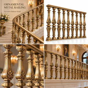 Barandilla de Escalera Premium en Tono Dorado Vintage con Balaustres Ornamentales Cónicos y Detalles Florales Grabados para Interiores Regales - Product Image 5