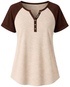 Beige Brown Women T Shirt Short Sleeve Henley Neck Raglan Tee Soft Cotton Casual Summer <b>Top</b> Breathable Comfortable Daily Wear - Product Image 1