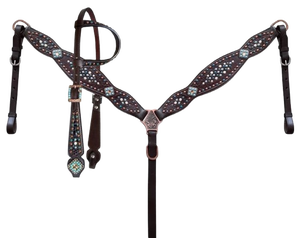 Juego de arreos para caballo estilo western con incrustaciones de piel de cocodrilo, con adornos de turquesa y cobre, cabezada, pechopetral y riendas de cuero premium - Product Image 1