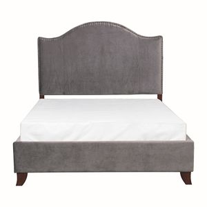 Letto Matrimoniale Moderno Tradizionale in Legno Massello con Testiera Imbottita in Velluto Grigio e Finitura a Chiodi, 1 Pannello - Product Image 2