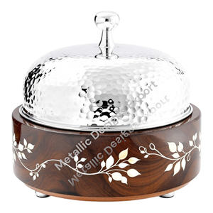 Elegant round <b>Serving</b> Round <b>Dishes</b> Handcrafted Wood & Metal Cheese Cloche <b>with</b> Stainless Steel <b>Lid</b> for Dining and Cooking - Product Image 4