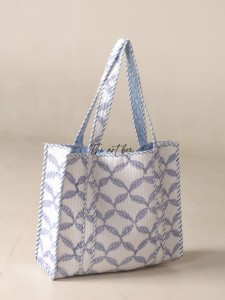OEM Assorted Blue Leaf Quilted Cotton Tote Bag - Chic Minimalist Reusable Shopper <b>Handbag</b> - Product Image 1